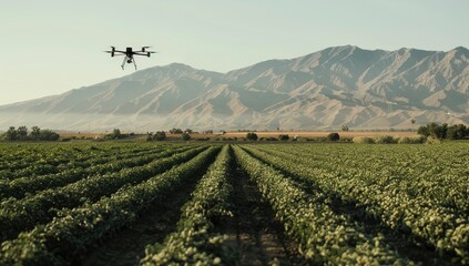 Three drones flying over a field of crops A black and grey drone hovers over a green crop field with red dirt. The aerial photo captures the drone in an agricultural area under a sunny sky.