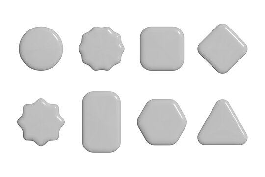 Set of realistic 3d glossy plastic geometric shape buttons in desaturated gray isolated vector illustration