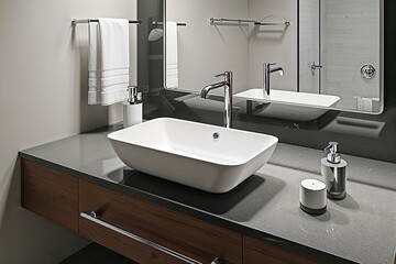 Fototapeta premium Scandinavian Style Bathroom Sink with Quartz Countertop and Chrome Fixtures in 3D Design
