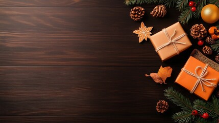 Top view of christmas gifts and decorations on wooden background