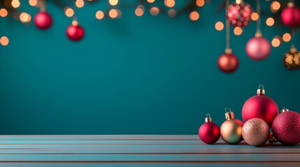 Christmas backround with baubles and lights against green background