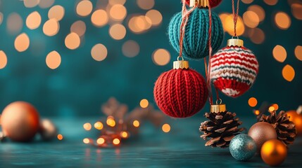 Knitted Christmas balls ornaments. Xmas baubles decoration