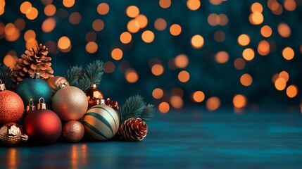 Christmas theme background with balls, fir and pine cones against lights background