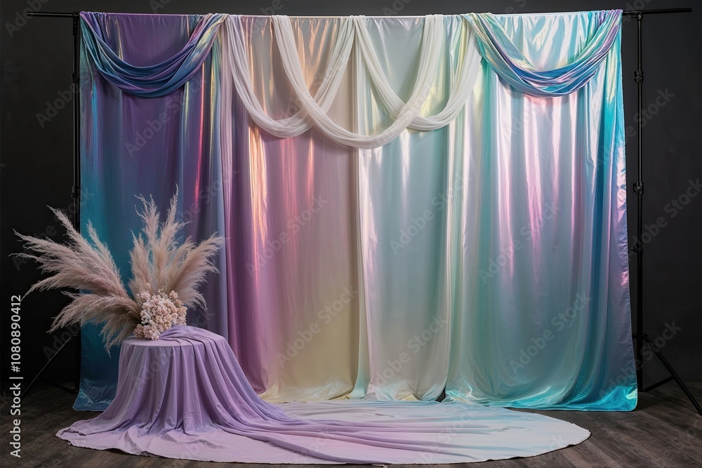 Poster ethereal gradient iridescent multilayer photo backdrop with mystical luster and flowing textile comp