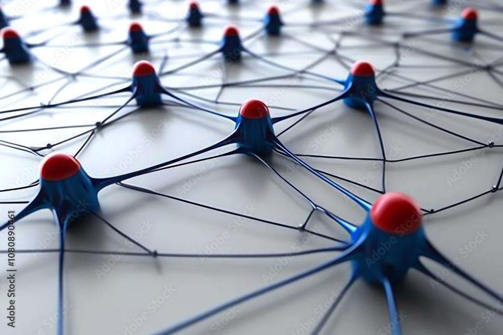Poster abstract 3d illustration of a network of interconnected nodes with red and blue spheres.