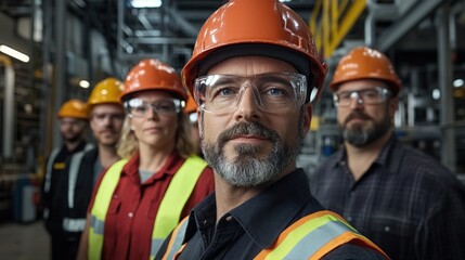 Obraz premium A Diverse Team of Industrial Workers Poses Confidently in a Manufacturing Facility, Showcasing Safety Gear and Teamwork While Emphasizing Their Commitment to Workplace Safety