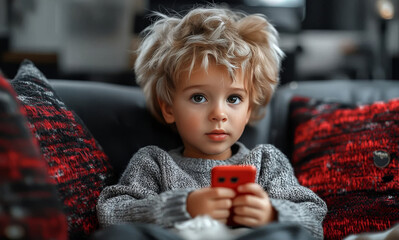 A young child with tousled hair sits on a sofa, holding a smartphone with a focused expression. Cozy indoor setting with a relaxed atmosphere.