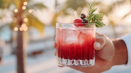 Christmas palm cocktails concept, A refreshing cocktail served in a glass, featuring a vibrant red color, garnished with a cherry and mint, set against a tropical backdrop.