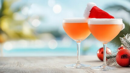 Christmas palm cocktails concept, Festive cocktails decorated with Santa hats sit elegantly on a table, capturing a joyful holiday spirit against a blurred outdoor background.