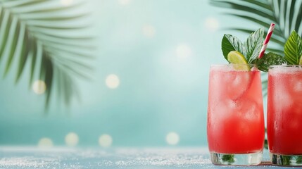 Christmas palm cocktails concept, Two refreshing pink cocktails with mint and lime, set against a soft green background adorned with light bokeh and tropical leaves.