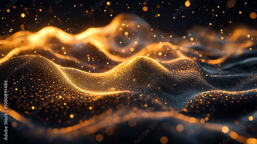 Aufkleber Abstract 3D rendering of glowing gold particles forming undulating waves against a black background.