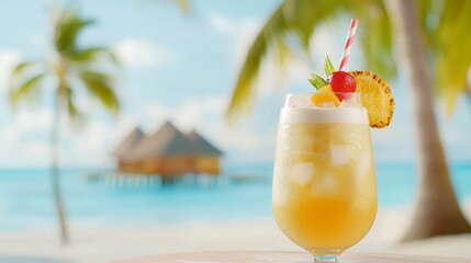 Christmas palm cocktails concept, A refreshing tropical drink with ice, garnished with a cherry and pineapple, set against a picturesque beach backdrop with palm trees.