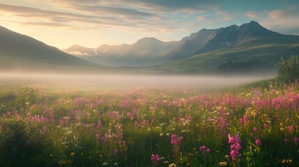 Misty Mountain Meadow at Sunrise