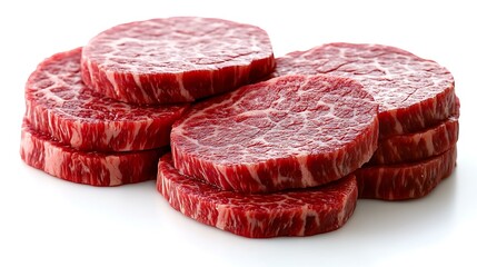 Premium Wagyu beef cut in thick slices, vibrant red color, isolated on white background