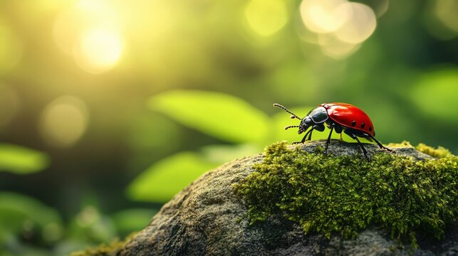 Ladybug crawling on a mossy rock in a sunlit forest. Close-up scene capturing the beauty of nature and small wildlife. Insect and forest nature concept for design and print