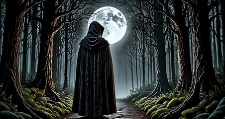 Mystical Fantasy Scene in a Dark Enchanted Forest Under the Full Moon