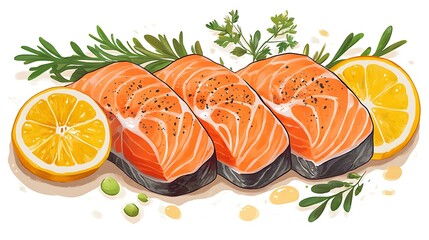 Sashimi-grade salmon, sliced and arranged neatly, isolated on white background