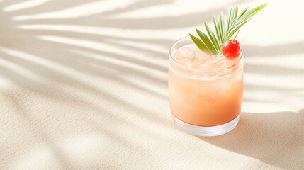 Christmas palm cocktails concept, A refreshing cocktail garnished with a cherry and a leaf, resting on a sandy surface with a soft shadow backdrop.