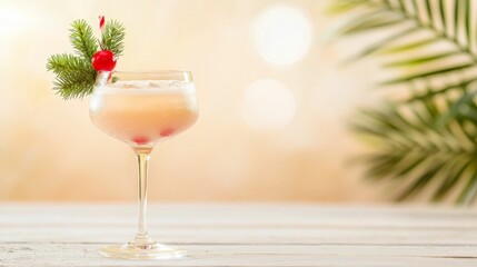 Christmas palm cocktails concept, A refreshing cocktail garnished with a cherry and greenery, elegantly presented in a stylish glass against a soft, blurred background.