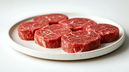 Sliced Wagyu beef on a white plate, marbled with intricate fat lines, isolated on white background
