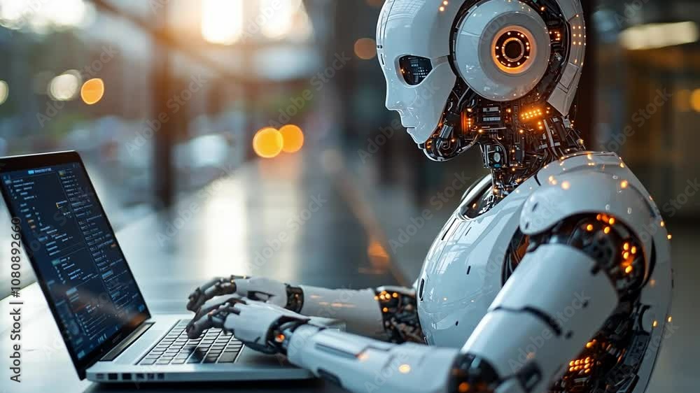 Poster a humanoid robot using a laptop with glowing elements in a modern workspace during daytime