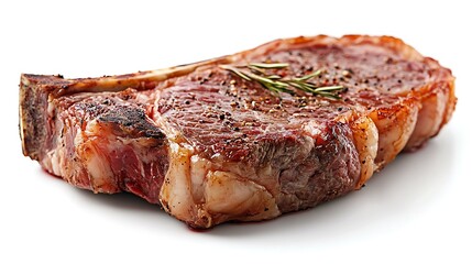 Thick Tomahawk steak with marbled texture, raw, isolated on white background