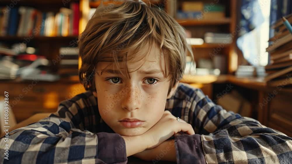 Poster a boy with freckles rests his chin on his arms, staring thoughtfully at an open book on the table. t