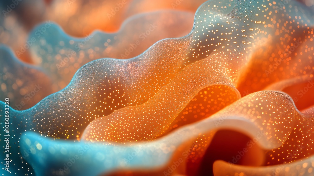 Poster abstract background of flowing blue and orange fabric with glowing dots.
