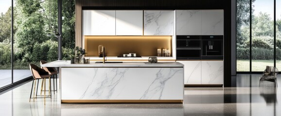 Modern Kitchen with Marble Island, Gold Accents, and Large Windows