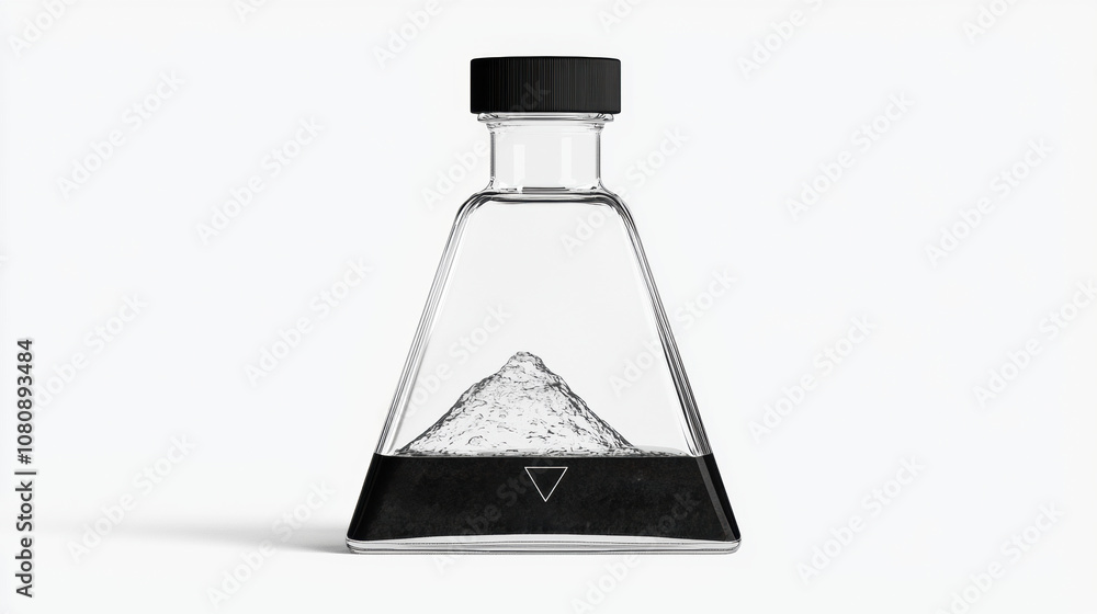 Poster a clear glass laboratory flask filled with transparent liquid and a dark sediment at the bottom, sho