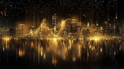 Gold and black background with golden sound waves in the shape of skyscrapers