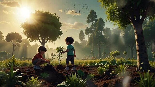 two small children planting trees against a background of sunlight, in cartoon style. seamless looping 4k video background animation