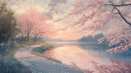 Serene Sunset Over a Tranquil Lake with Cherry Blossoms