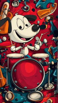 Animated cartoon dog joyfully playing drums in a vibrant musical setting