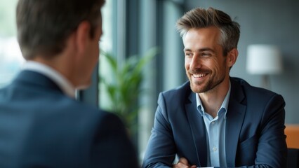 Two professionals are discussing business strategies in a bright office environment.