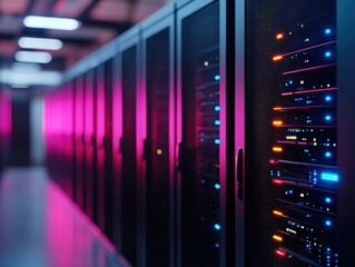 cybersecurity breach monitoring concept Rows of outdated servers fading into shadow, highlighting obsolete security close up theme legacy vulnerabilities surreal blend mode dusty server room