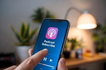 Podcast Subscribe App: Smartphone with Finger Touching Screen in a Cozy Room Setting
