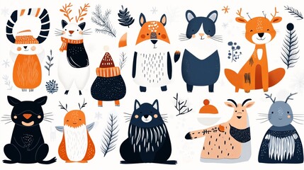 Charming cartoon illustration of various winter animals in festive attire with cozy scarves and hats, surrounded by snowflakes and branches in a whimsical style.