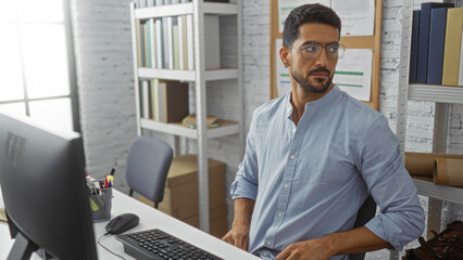 Young man with beard and glasses sits in modern office setting with computer, books, and shelves around, looking thoughtfully in business environment.