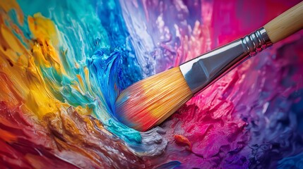Obraz premium A kaleidoscope of vibrant colors pouring from a paintbrush, creating a dreamlike, fantastical scene.
