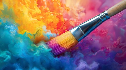 Obraz premium A kaleidoscope of vibrant colors pouring from a paintbrush, creating a dreamlike, fantastical scene.