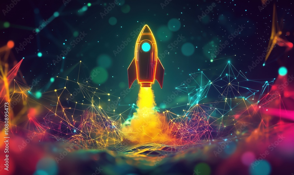 Poster rocket launch in vibrant digital space, colorful abstract background with glowing particles and geom