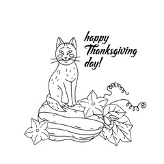 Thanksgiving greeting card with cute cat and pumpkin and Text happy thanksgiving day. Black and white Hand drawn fall harvest illustration.