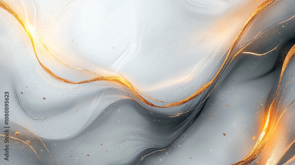 Poster abstract background with flowing golden lines and white and gray swirls.