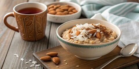 A cozy breakfast scene featuring a bowl of oatmeal adorned with almond slices shredded coconut and a sprinkle of cinnamon with a warm mug of tea beside it.