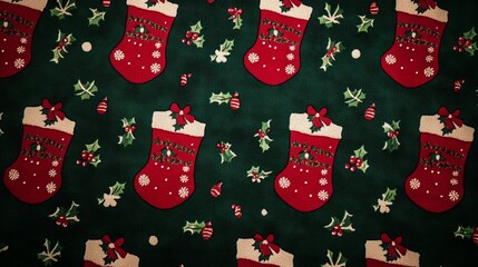 Close-up of a festive Christmas stocking pattern on a vibrant green backdrop.