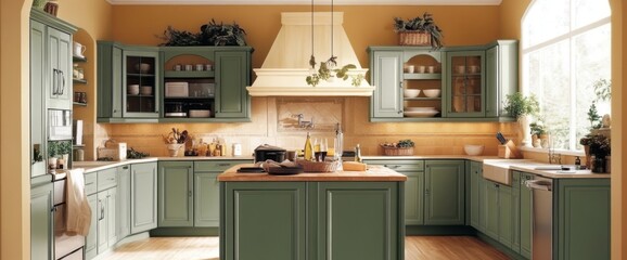 Obraz premium Traditional Kitchen with Green Cabinets and Wood Countertop