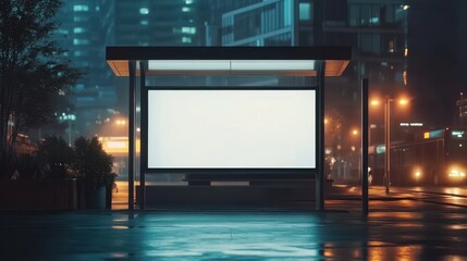 Fototapeta premium Blank billboard sign mockup on metallic bus stop matte white sign lit