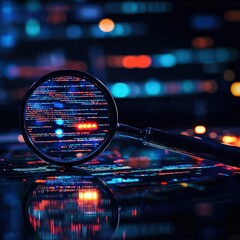 cybersecurity breach monitoring concept Magnifying glass highlighting suspicious code strings, zooming in on malicious activity