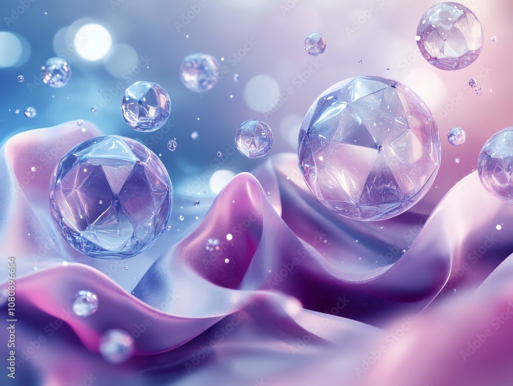Poster abstract background with iridescent geometric shapes floating over a pink and blue fabric.